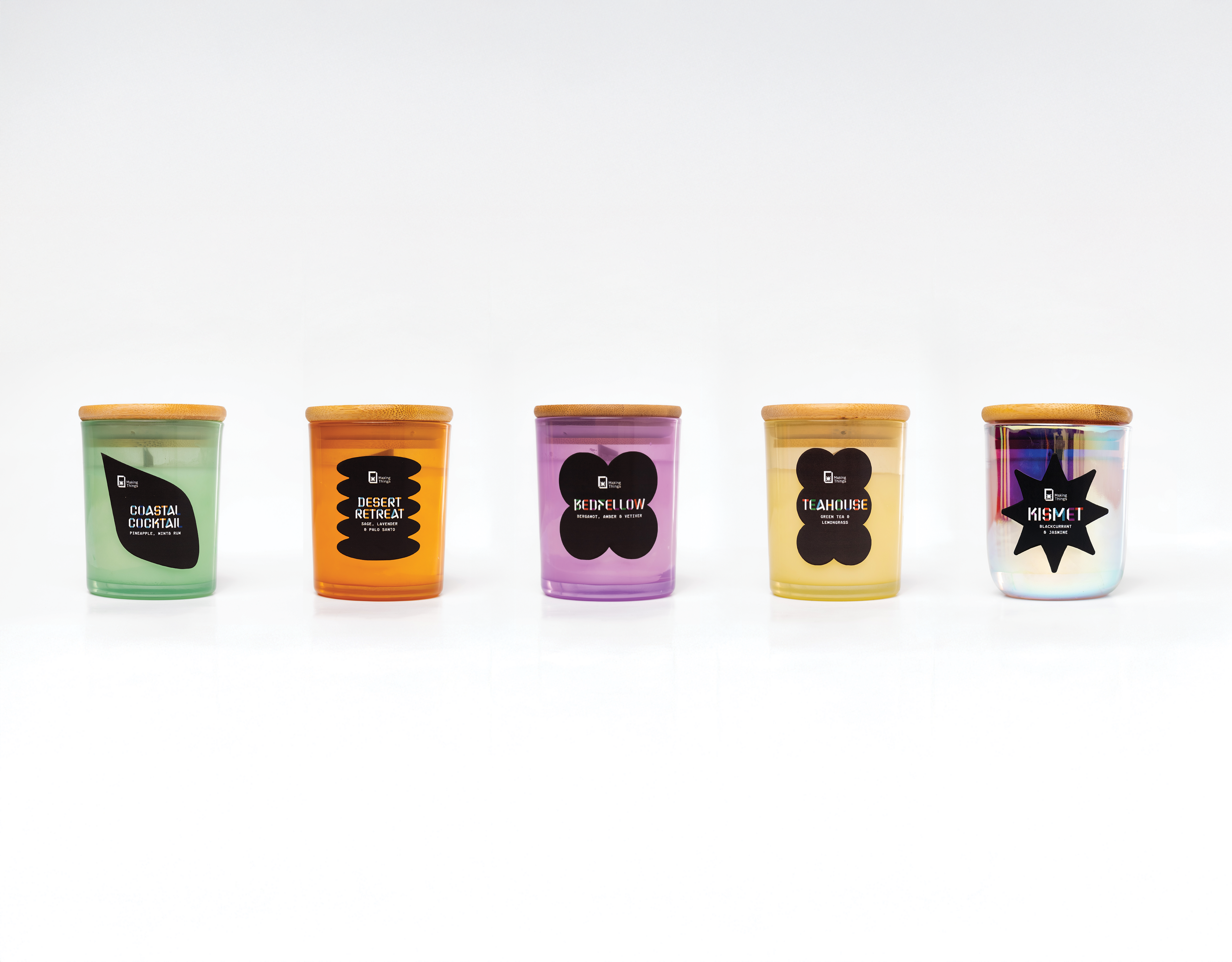 A group photo of the Making Things scented candle collection.